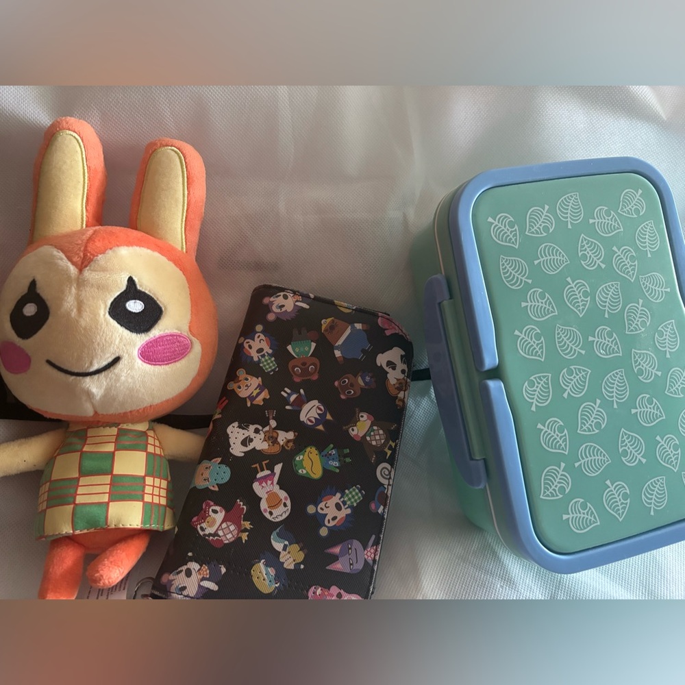 Cute Animal Crossing bundle. Stuffie, wallet and lunch kit